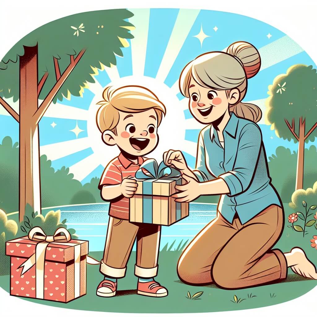 Une illustration destinée aux enfants représentant un petit garçon plein d'enthousiasme, préparant une surprise pour son papa à l'occasion de la fête des pères, avec l'aide de sa maman, dans un parc ensoleillé avec un lac scintillant en arrière-plan.