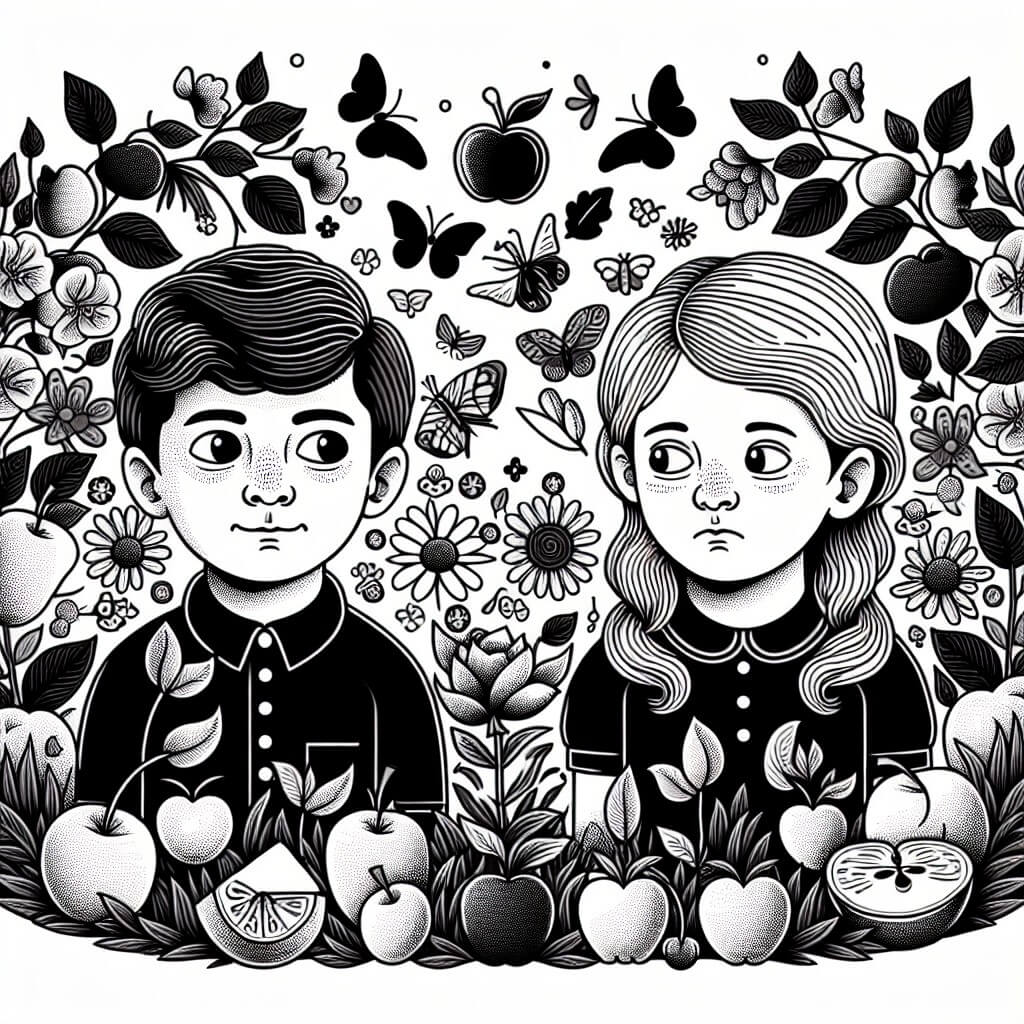 Une illustration destinée aux enfants représentant un petit garçon curieux et intelligent, confronté à un mensonge qui blesse une petite fille, dans un jardin fleuri rempli d'arbres fruitiers et de papillons virevoltants.