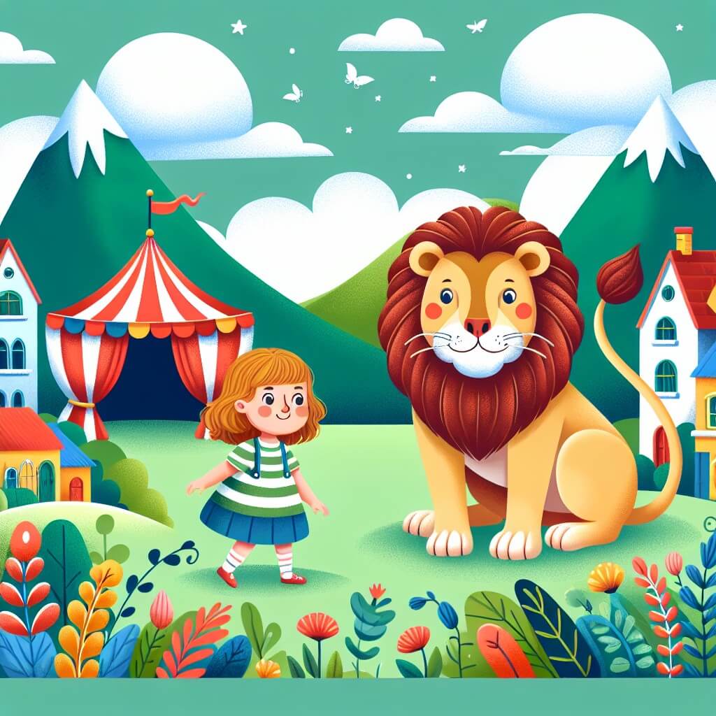 Une illustration destinée aux enfants représentant une petite fille pleine de curiosité et d'énergie, découvrant un cirque extraordinaire avec un lion farceur, dans un village pittoresque entouré de montagnes verdoyantes et de maisons colorées.