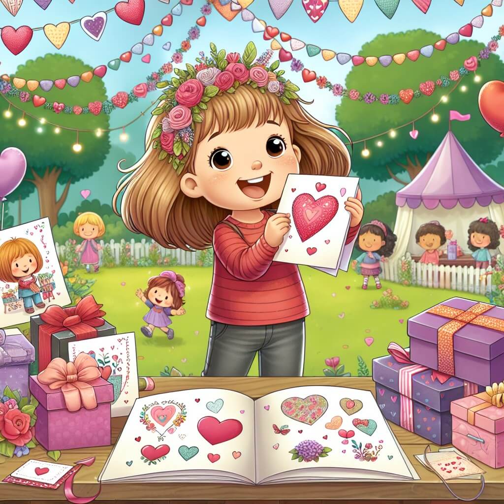 Une illustration destinée aux enfants représentant une petite fille pleine d'amour et d'enthousiasme préparant des cadeaux et des cartes pour sa famille et ses amis, avec en toile de fond un magnifique parc décoré de guirlandes colorées et de ballons en forme de cœur pour célébrer la Saint-Valentin.