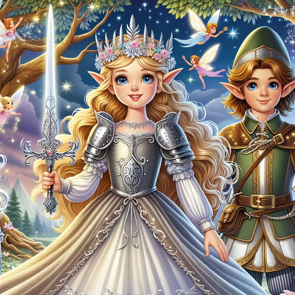 Une illustration destinée aux enfants représentant une jeune héroïne médiévale-fantastique, vêtue d'une armure étincelante, tenant une épée magique, accompagnée d'un noble elfe à la chevelure dorée, dans un royaume enchanté aux arbres majestueux aux feuilles d'argent, où les fées virevoltent et les dragons planent dans le ciel étoilé.
