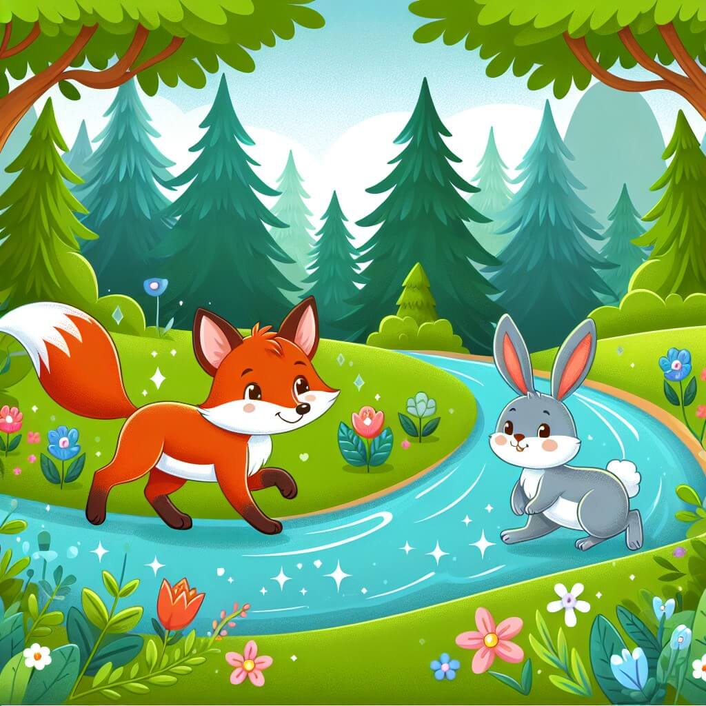 Une illustration destinée aux enfants représentant un renard rusé et malicieux, se promenant le long d'une rivière scintillante, accompagné d'un lapin timide, dans une vaste forêt verdoyante, remplie d'arbres majestueux et de fleurs colorées.
