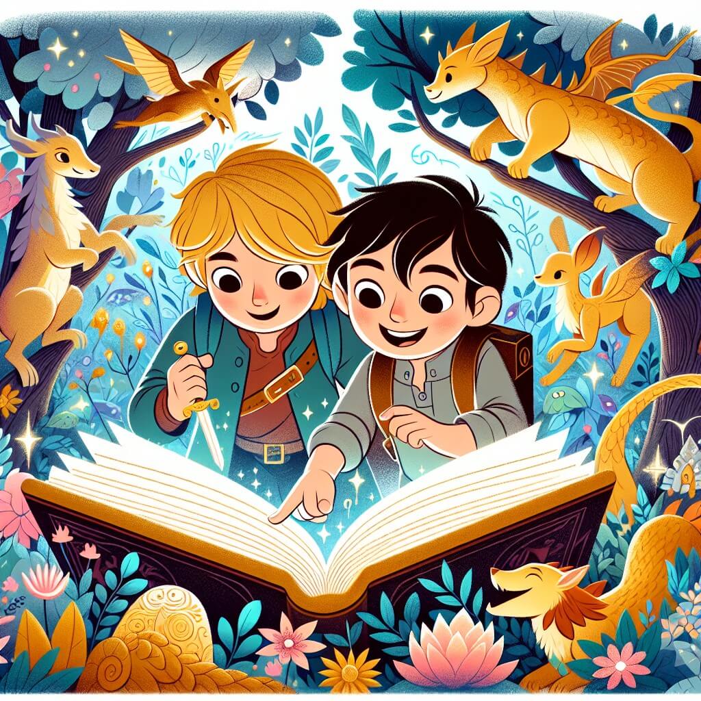 Une illustration destinée aux enfants représentant un petit garçon intrépide, accompagné de son meilleur ami, découvrant un livre magique dans un jardin fleuri rempli de créatures fantastiques et d'arbres aux feuilles chatoyantes.