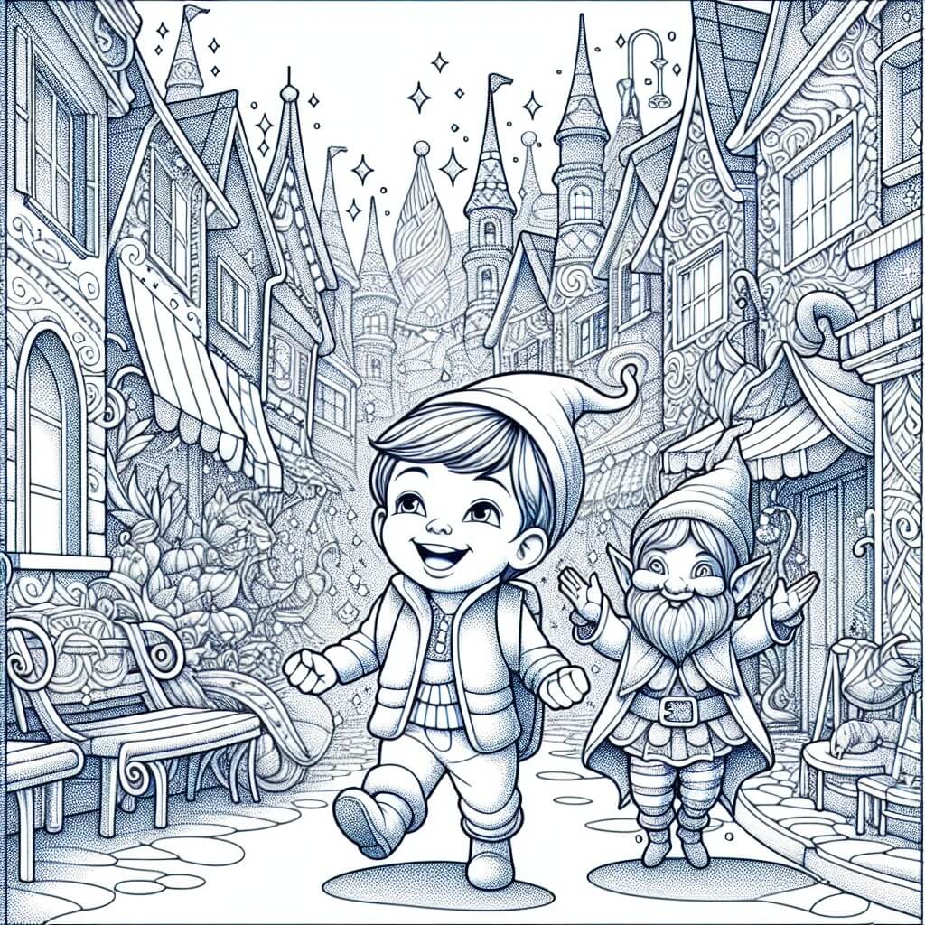 Une illustration destinée aux enfants représentant un petit garçon plein d'enthousiasme, plongé au cœur d'un carnaval coloré, accompagné d'un lutin magique, dans un village bordé de rues étroites et de maisons chatoyantes.