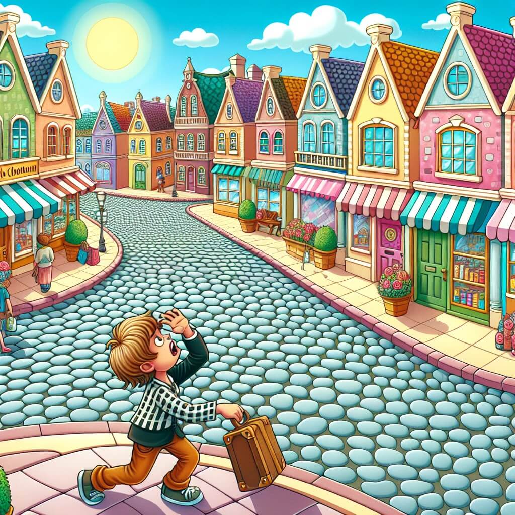 Une illustration destinée aux enfants représentant un petit garçon plein d'imagination, cherchant désespérément un cadeau pour son papa lors d'une journée ensoleillée dans la charmante ville de Chocolatville, avec ses rues pavées bordées de maisons colorées et de boutiques accueillantes.