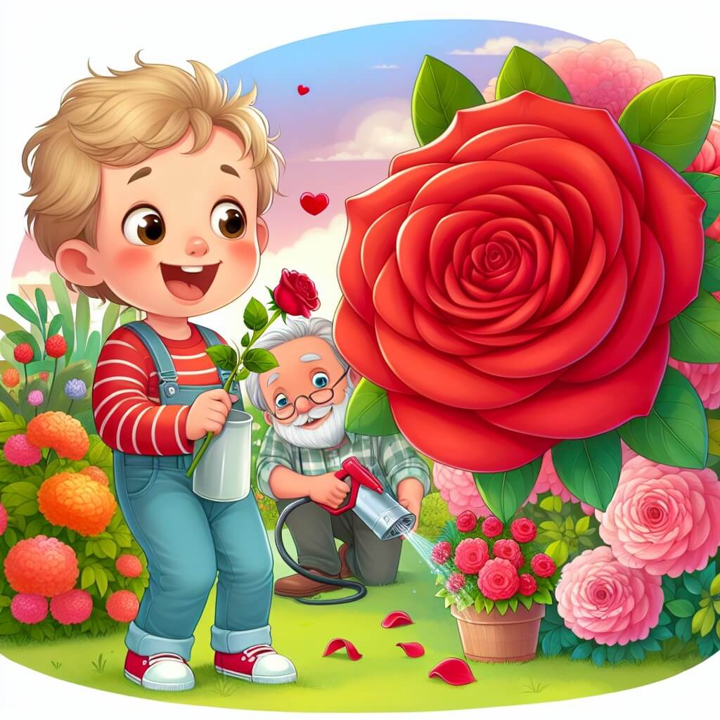 Une illustration destinée aux enfants représentant un petit garçon plein d'enthousiasme, préparant une surprise avec son papa pour la fête des mères, accompagné d'une magnifique rose rouge dans un jardin verdoyant et coloré.