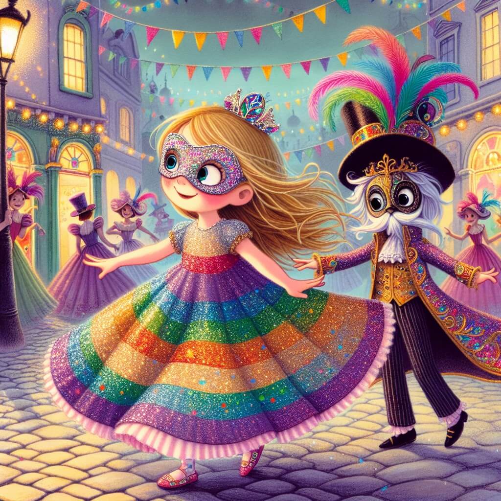 Une illustration destinée aux enfants représentant une petite fille virevoltant dans une robe arc-en-ciel étincelante, accompagnée d'un mystérieux personnage secondaire, dans les rues colorées et festives de Bonheurville pendant le carnaval.