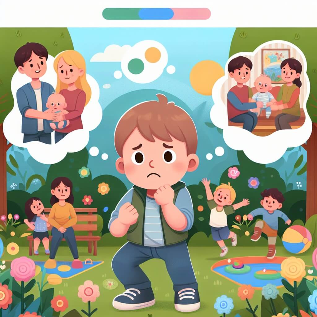 Une illustration destinée aux enfants représentant un petit garçon plein d'énergie, confronté à ses doutes et entouré d'amis et de sa famille aimante, dans un jardin enchanteur rempli de fleurs colorées et de jeux amusants.