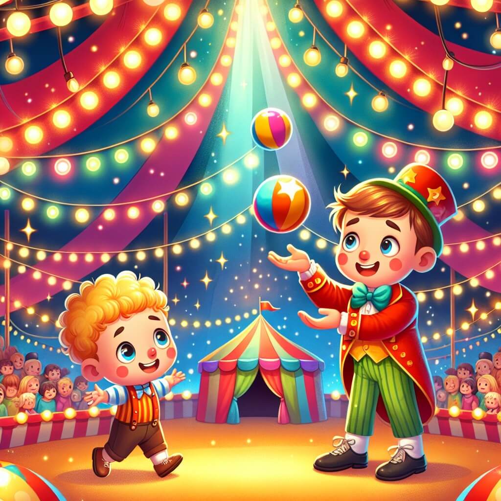 Une illustration destinée aux enfants représentant un petit garçon passionné par le cirque, faisant la rencontre d'un jongleur étourdi, dans un grand chapiteau coloré et scintillant.