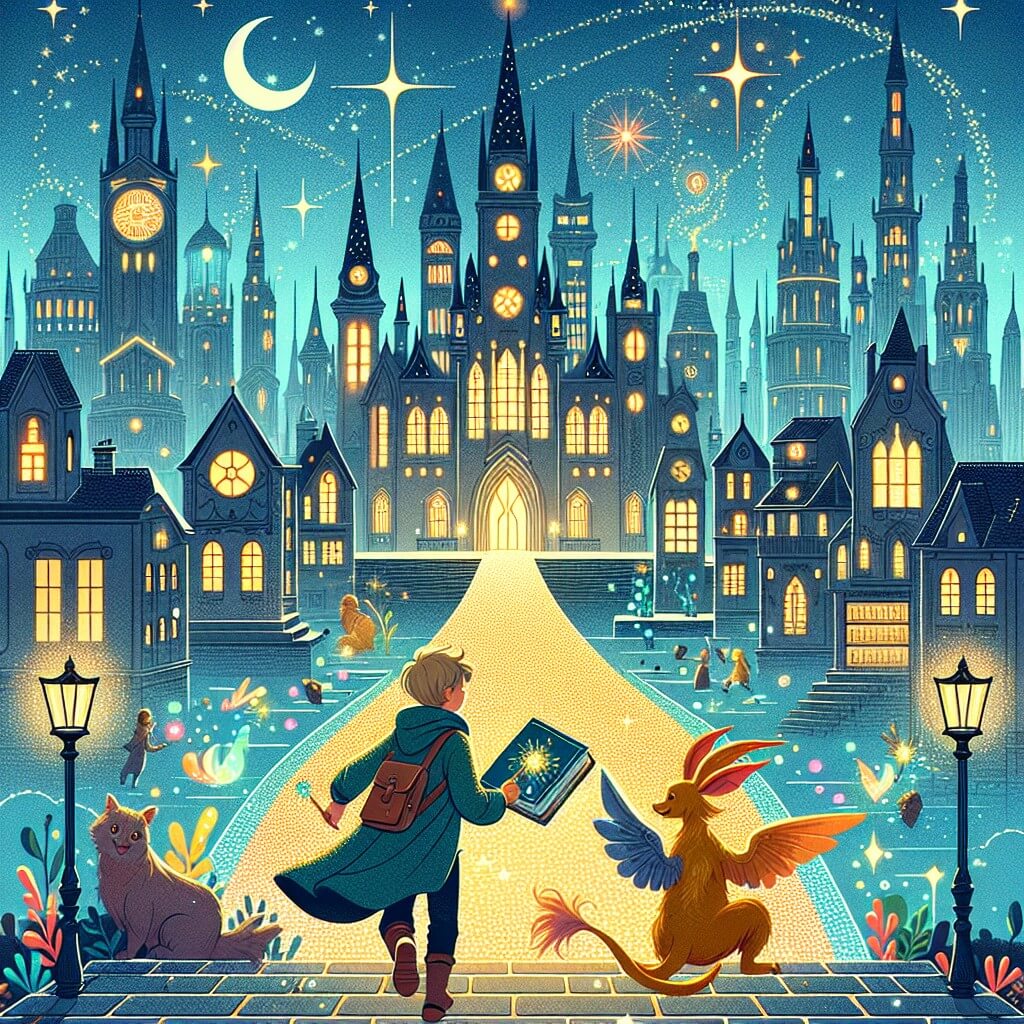 Une illustration destinée aux enfants représentant un petit garçon intrépide, accompagné d'un mystérieux gardien de la bibliothèque magique, explorant une ville fantastique remplie de gratte-ciel étincelants, de créatures enchantées et de rues pavées de pavés magiques luisants.