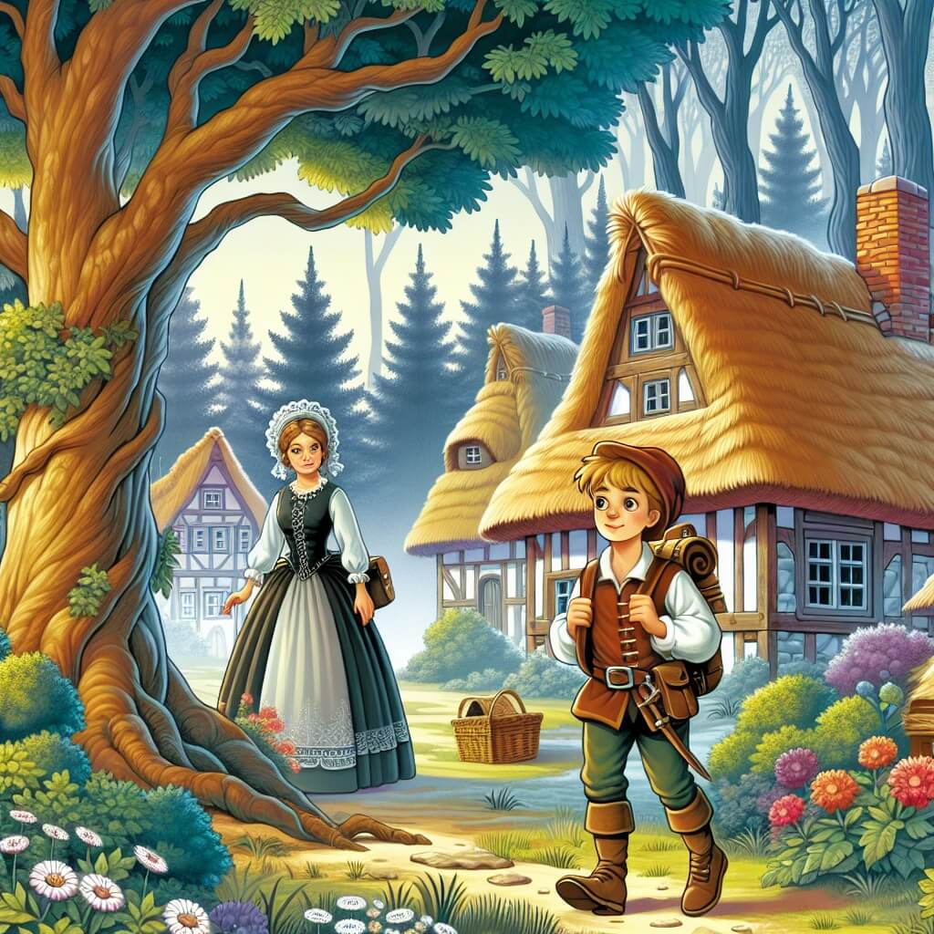 Une illustration destinée aux enfants représentant une jeune aventurière intrépide, plongée dans une forêt enchantée, accompagnée d'une mystérieuse femme vêtue d'un costume ancien, dans un village pittoresque avec des maisons aux toits de chaume et des arbres majestueux.