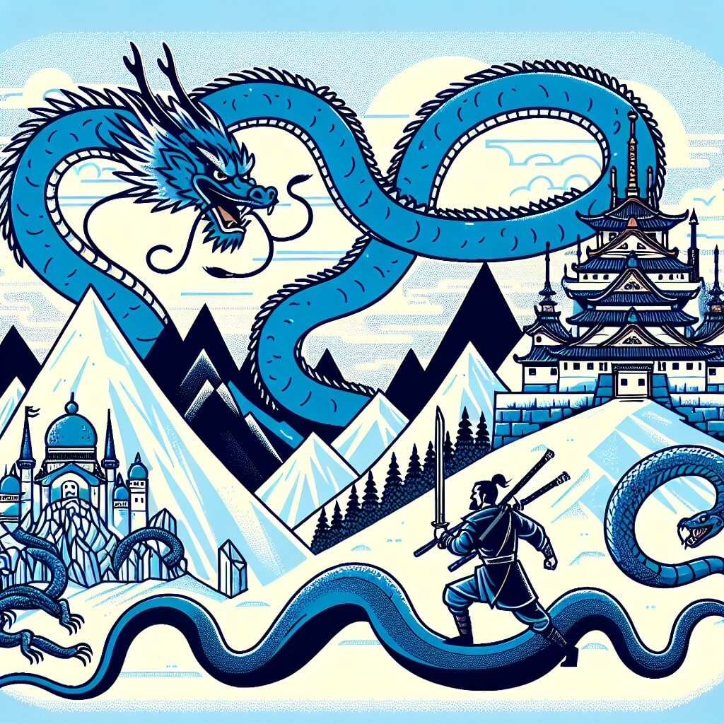 Une illustration destinée aux enfants représentant un homme courageux et téméraire, suivant un majestueux dragon bleu, à travers les montagnes du Japon, jusqu'à un palais de cristal perché au sommet d'une montagne, gardé par des serpents venimeux.