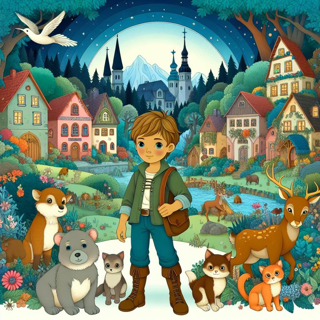 Une illustration destinée aux enfants représentant un jeune garçon, aussi petit qu'un grain de poussière, se tenant devant une sombre forêt enchantée, accompagné de ses amis animaux, dans un village pittoresque aux maisons colorées et aux rues pavées de fleurs.