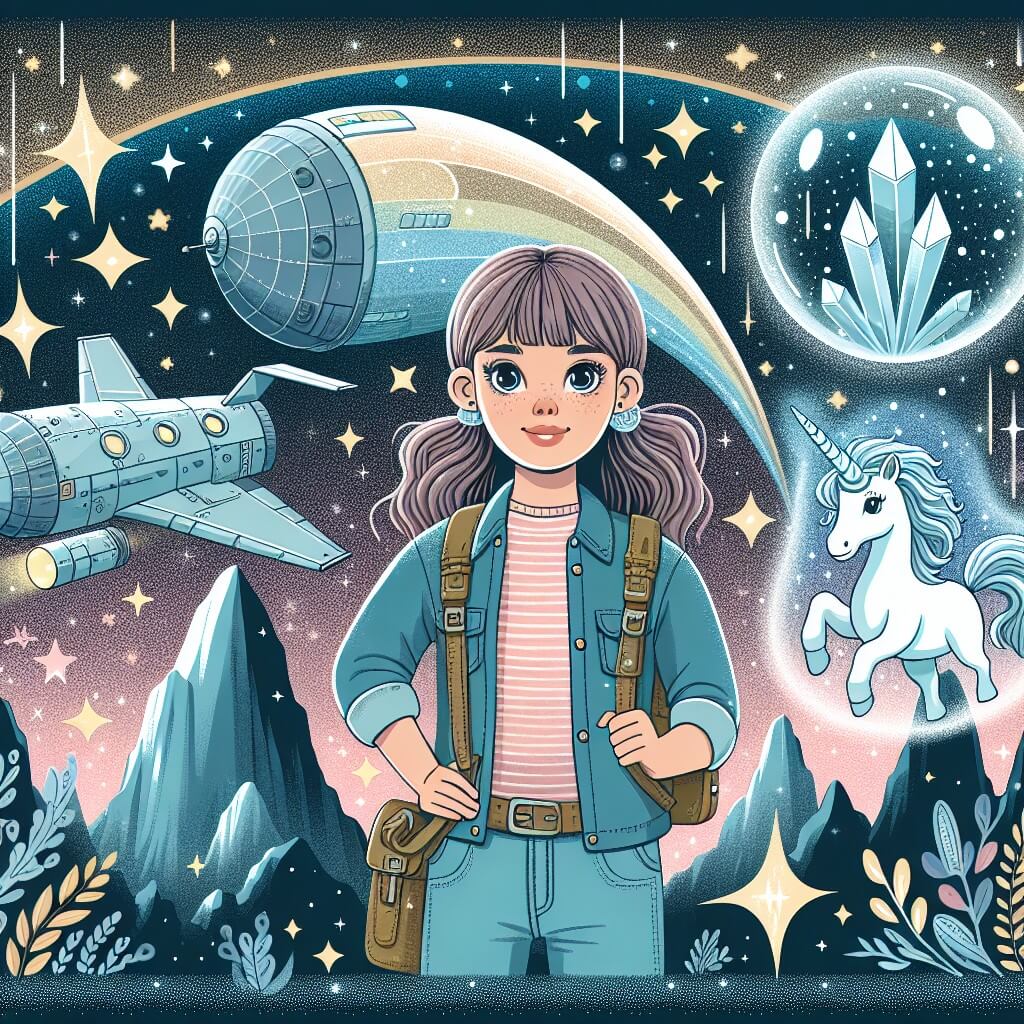 Une illustration destinée aux enfants représentant une jeune femme aventurière, se tenant devant un gigantesque vaisseau spatial, entourée d'étoiles scintillantes et d'une planète de cristaux étincelants, tandis qu'une licorne de cristal la guide vers une grotte secrète.