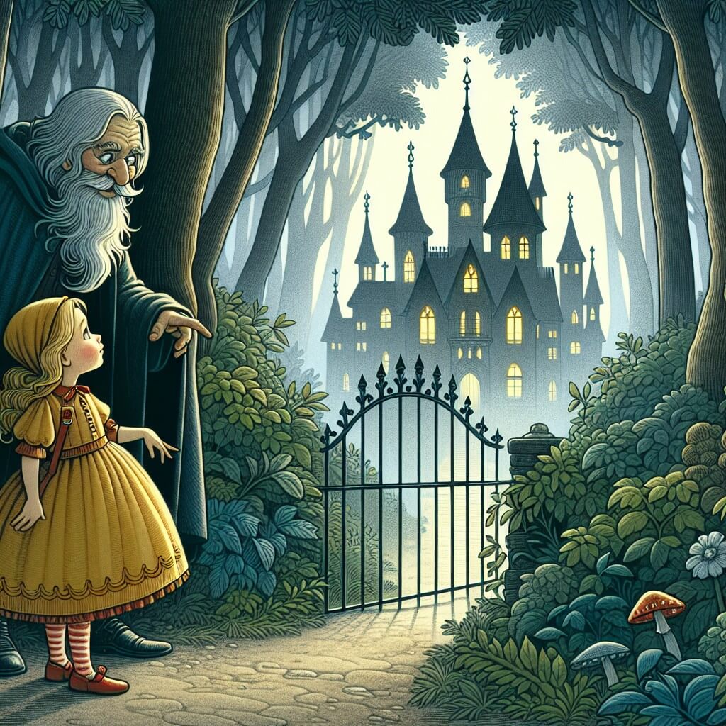 Une illustration destinée aux enfants représentant une petite fille au regard intrigué, se tenant devant un manoir sombre et mystérieux, accompagnée d'un gardien énigmatique, dans une forêt dense et embrumée.