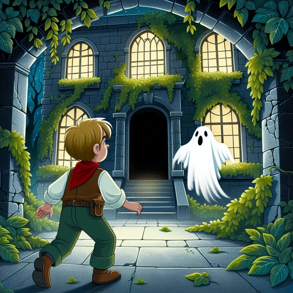 Une illustration destinée aux enfants représentant un petit garçon courageux et intrépide, se retrouvant face à un mystérieux fantôme dans un sombre manoir abandonné envahi par le lierre, avec des fenêtres fissurées laissant filtrer une lumière faible et vacillante.
