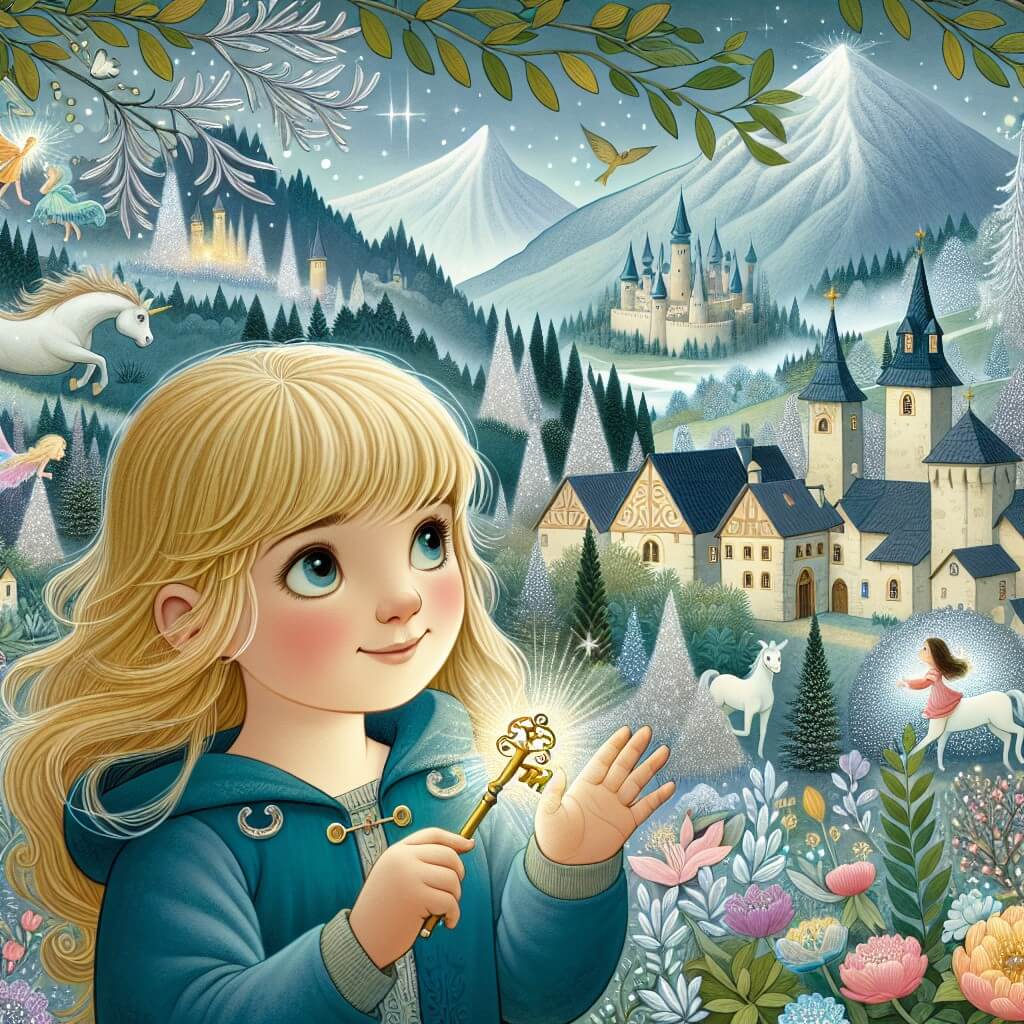 Une illustration destinée aux enfants représentant une petite fille aux cheveux blonds, les yeux pétillants de curiosité, découvrant une clé en or étincelante dans un village paisible, entourée de montagnes majestueuses, de forêts enchantées avec des arbres aux troncs argentés et des fleurs lumineuses, et d'un monde fantastique où des licornes dansent avec des elfes, des fées chantent des mélodies enchanteresses et des dragons bienveillants veillent sur le paysage.