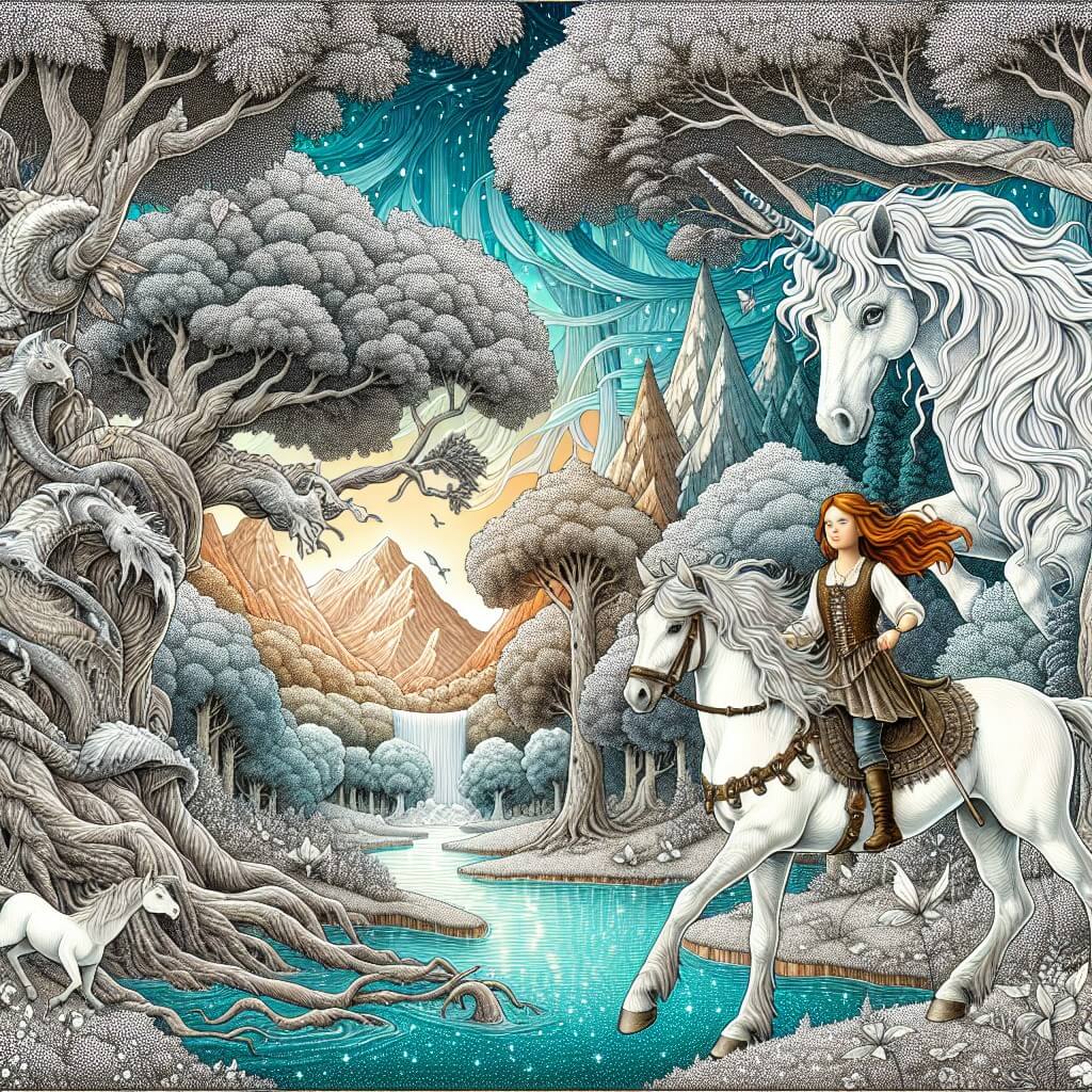 Une illustration destinée aux enfants représentant une jeune femme intrépide, plongée dans un monde enchanté rempli de créatures fantastiques et de paysages chatoyants, accompagnée d'une licorne majestueuse, évoluant au cœur d'une vallée paisible où les arbres gigantesques aux feuilles chatoyantes dansent avec les murmures de la rivière cristalline.