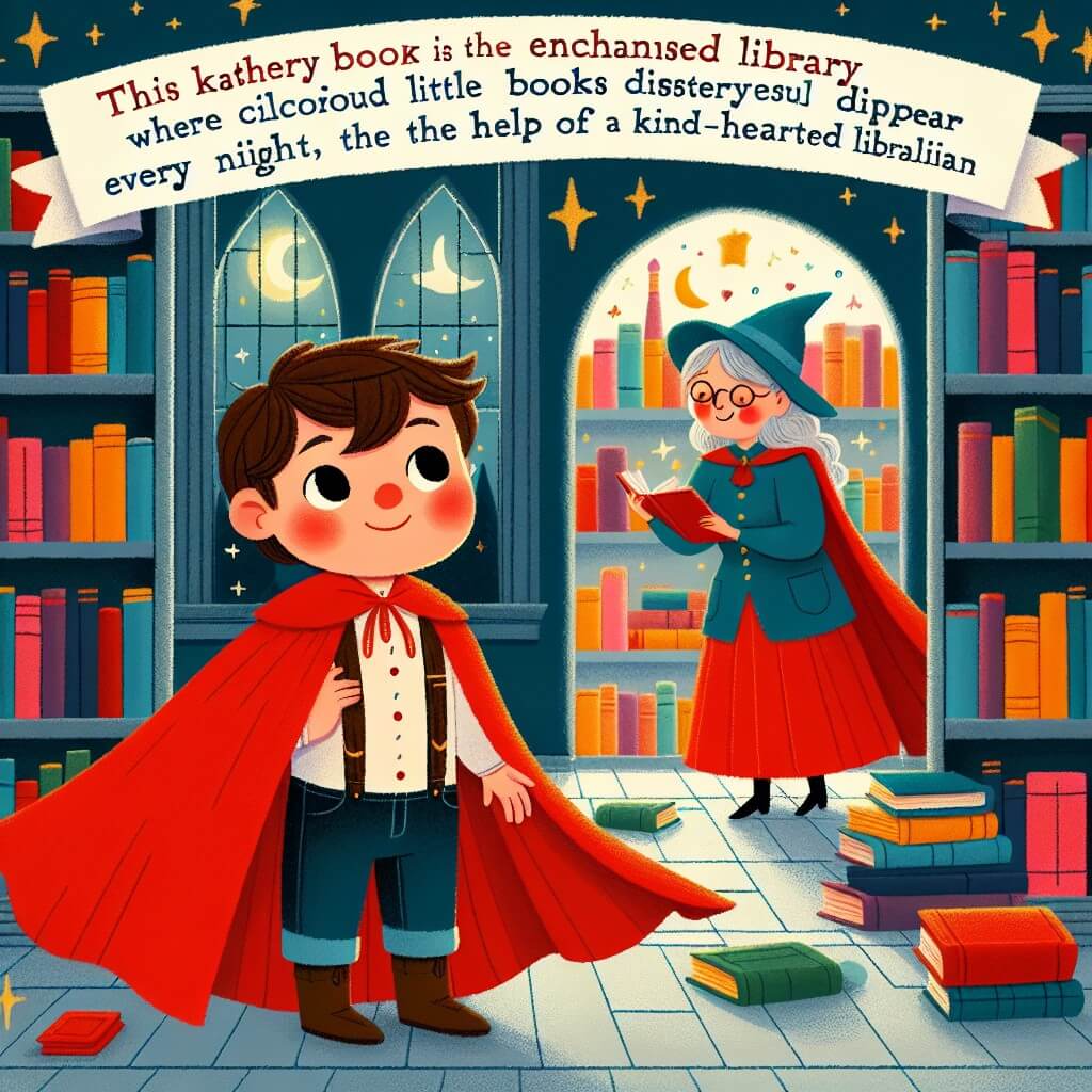 Une illustration destinée aux enfants représentant un petit garçon curieux, vêtu d'une cape rouge, se tenant devant une bibliothèque enchantée, où les livres colorés disparaissent mystérieusement chaque nuit, avec l'aide d'une bibliothécaire bienveillante.