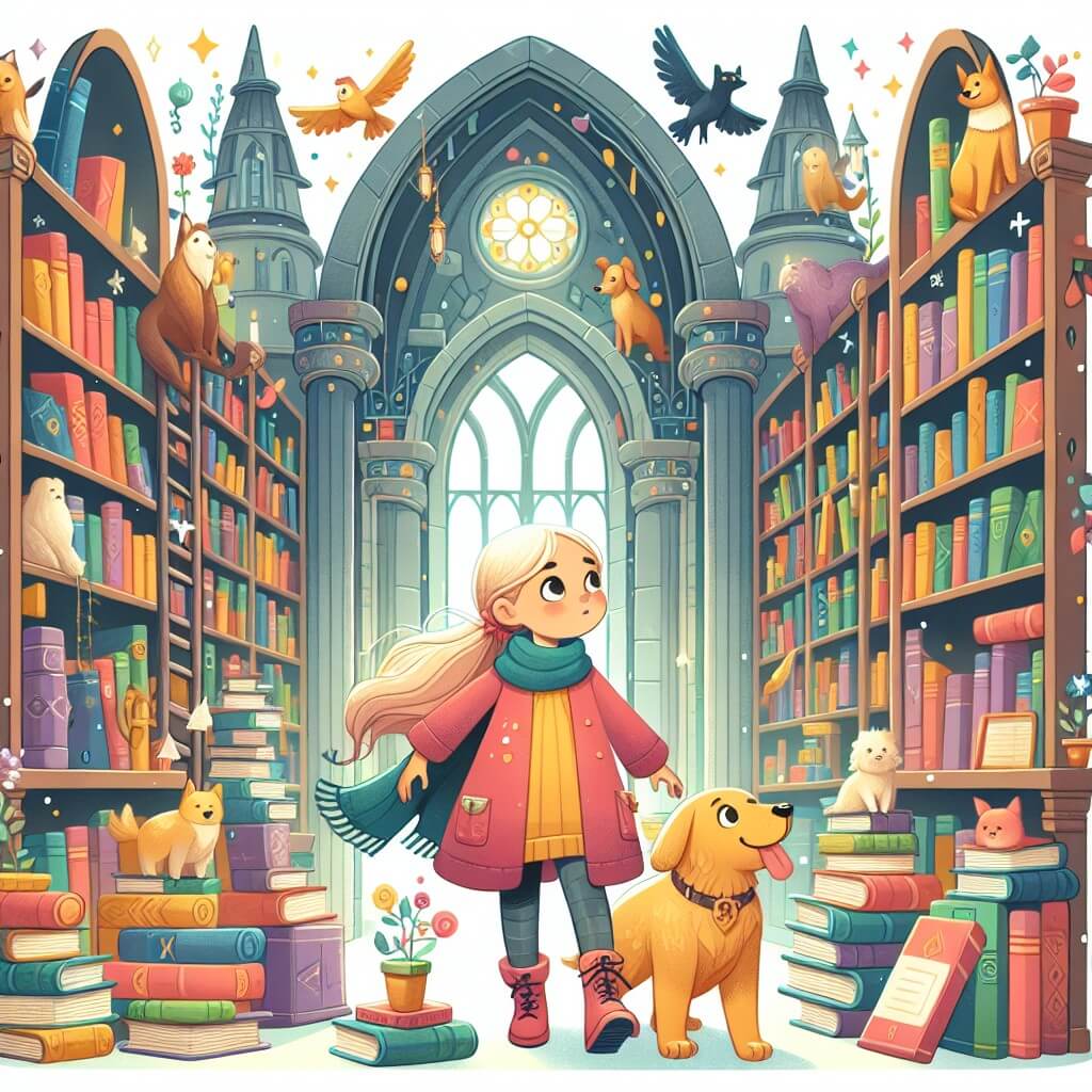 Une illustration destinée aux enfants représentant une petite fille curieuse et déterminée, accompagnée de son fidèle chien, explorant une bibliothèque enchantée remplie de livres colorés et d'étagères immenses, à la recherche d'un mystère caché.