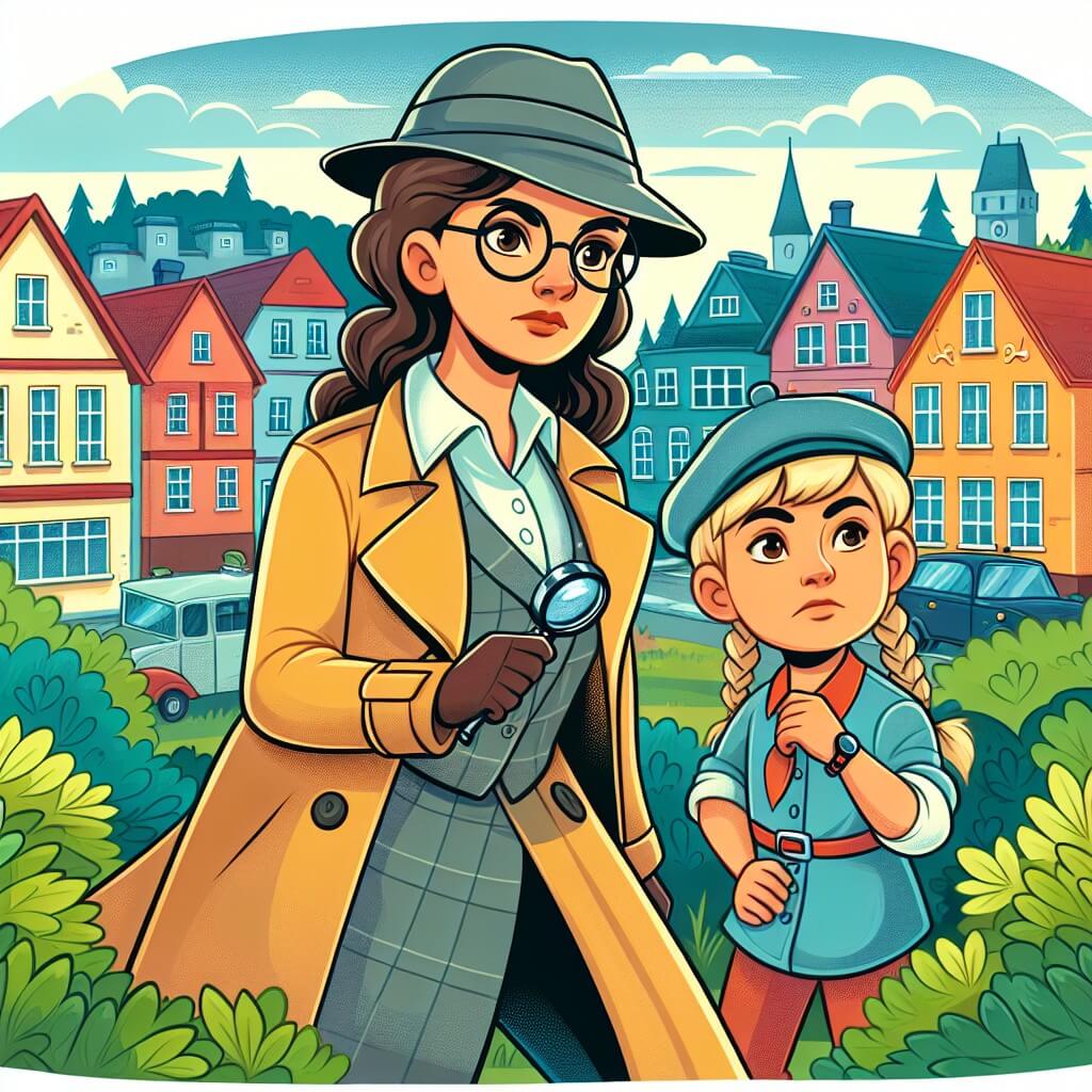 Une illustration destinée aux enfants représentant une femme détective intrépide, plongée dans une enquête mystérieuse, accompagnée d'un jeune témoin courageux, à la recherche de réponses dans une petite ville paisible, entourée de maisons colorées et d'un parc verdoyant.