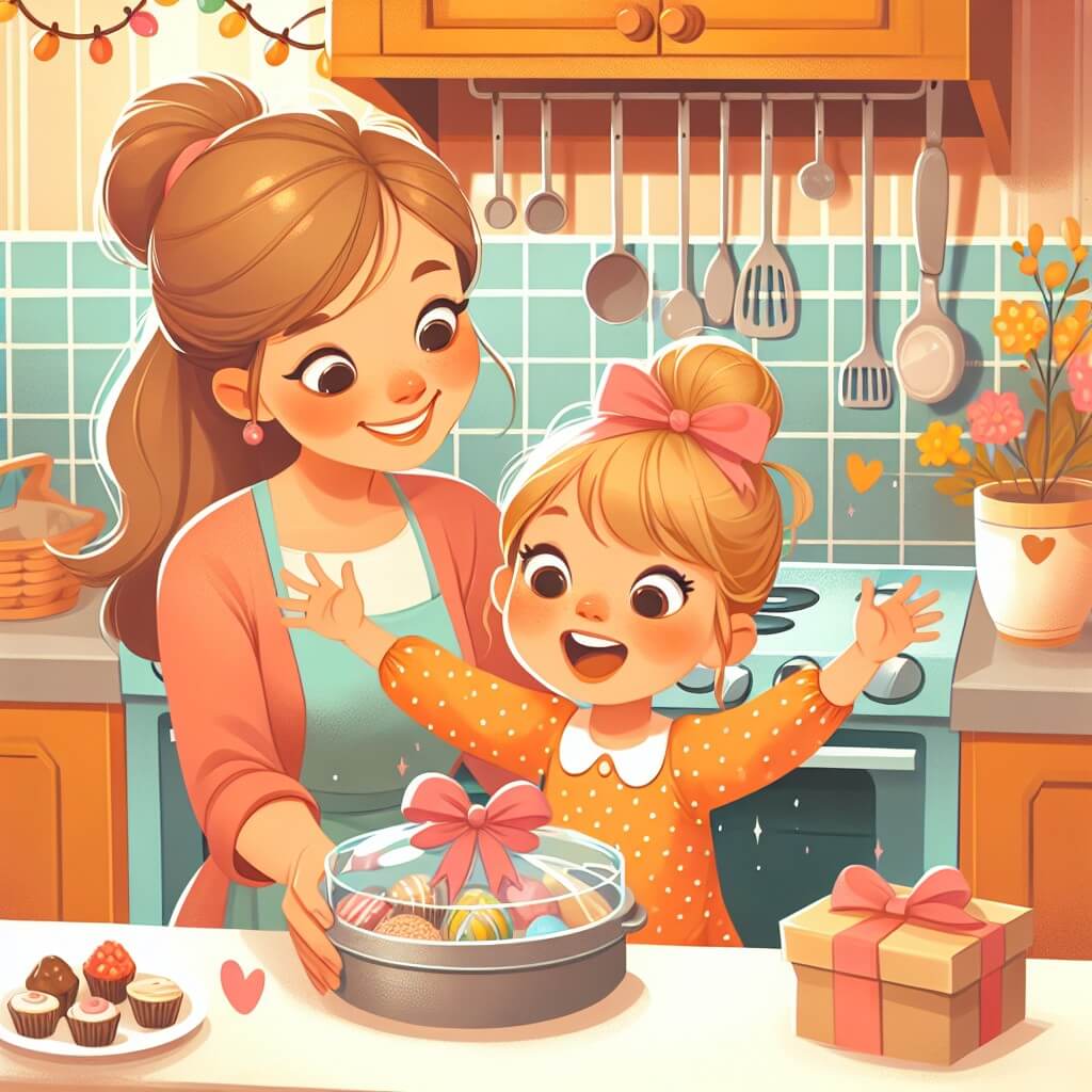 Une illustration destinée aux enfants représentant une petite fille pleine d'enthousiasme et de curiosité, préparant une surprise pour la fête des mères, avec l'aide bienveillante de sa maman, dans leur chaleureuse cuisine aux murs colorés et aux ustensiles étincelants.