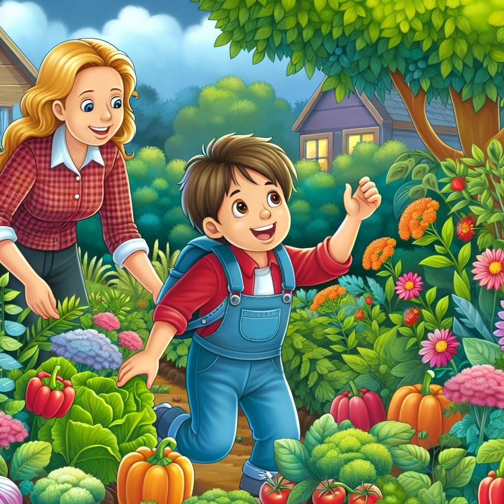 Une illustration destinée aux enfants représentant un petit garçon plein d'enthousiasme, qui cherche le cadeau parfait pour son papa dans un magnifique jardin rempli de fleurs colorées et de légumes savoureux, avec l'aide de sa maman.
