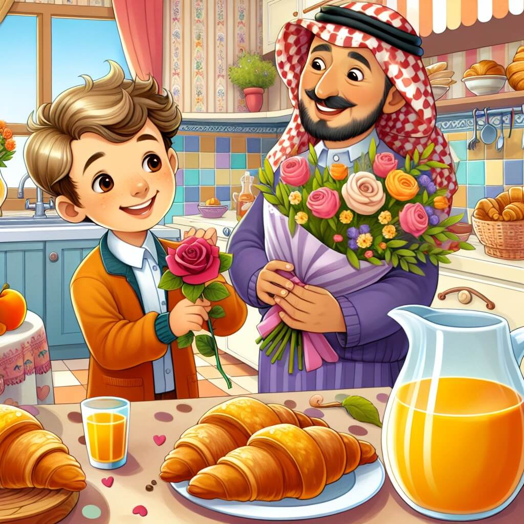 Une illustration destinée aux enfants représentant un petit garçon plein d'enthousiasme préparant une surprise pour ses parents, avec l'aide d'un gentil fleuriste, dans une cuisine chaleureuse et colorée, remplie de croissants, de jus d'orange et d'une jolie rose.