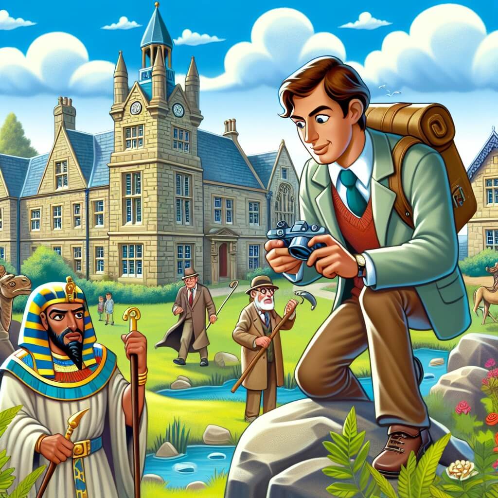 Une illustration destinée aux enfants représentant un homme courageux et malin, résolvant un mystérieux vol avec l'aide d'un professeur égyptologue, dans une petite ville paisible entourée de jolis bâtiments en pierre et d'un musée majestueux.