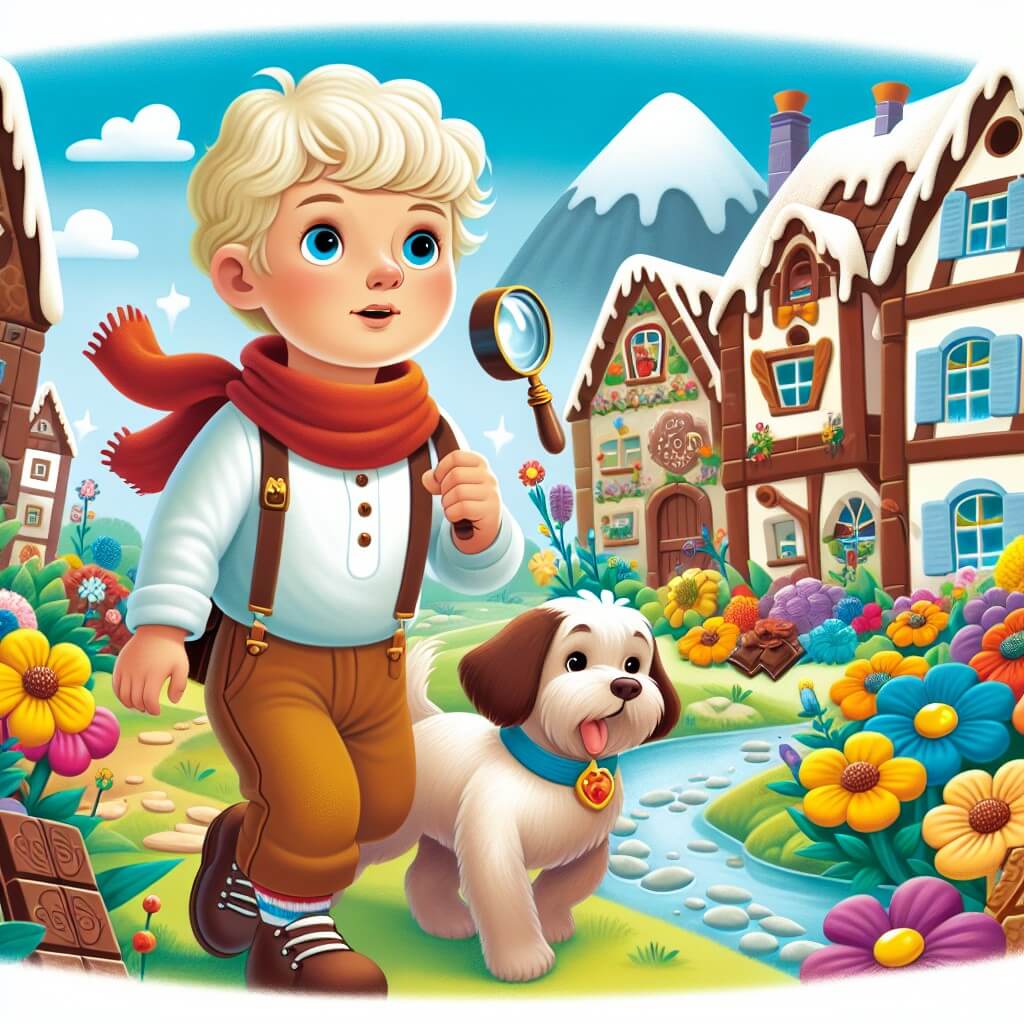 Une illustration destinée aux enfants représentant un petit garçon curieux et astucieux, se retrouvant face à la disparition mystérieuse de son jouet préféré, avec l'aide d'un adorable chien, dans un village coloré rempli de maisons en chocolat et de fleurs géantes.