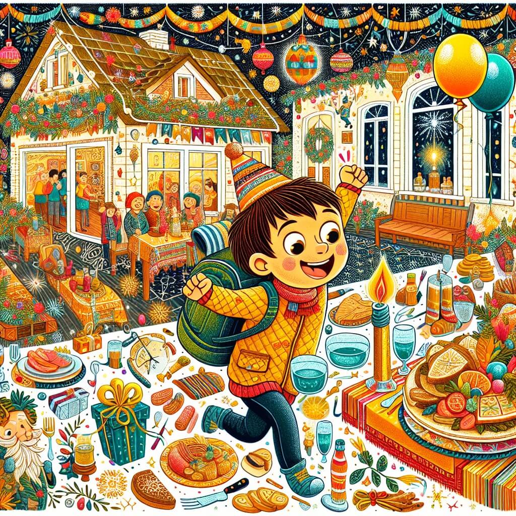 Une illustration destinée aux enfants représentant un petit garçon plein d'énergie et de curiosité, vivant une aventure extraordinaire lors de la fête du nouvel an dans une maison de ses grands-parents, décorée de guirlandes scintillantes et de ballons colorés, avec une grande table remplie de plats délicieux et de boissons pétillantes.