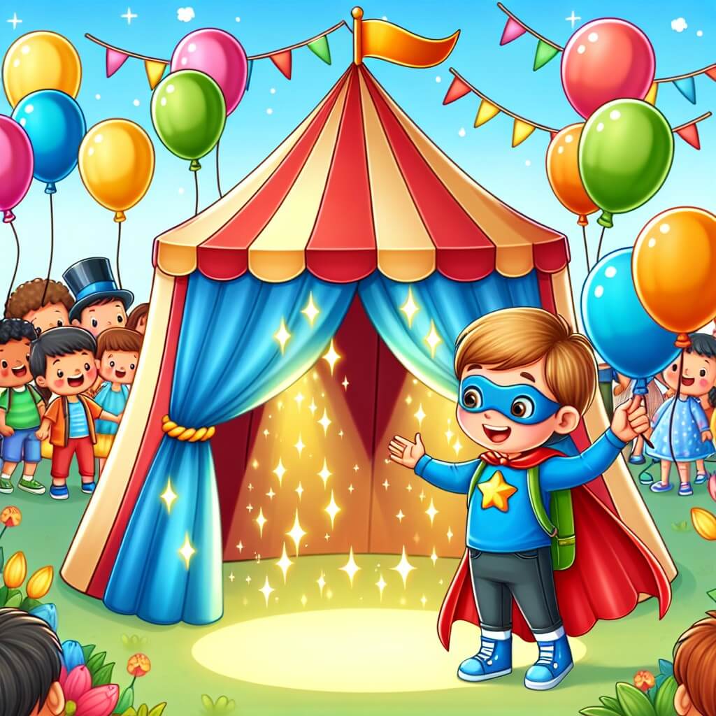 Une illustration destinée aux enfants représentant un petit garçon plein d'enthousiasme, vêtu d'un costume de super-héros, découvrant un mystérieux chapiteau étincelant au milieu d'un carnaval animé, entouré de ballons colorés flottant dans le ciel.