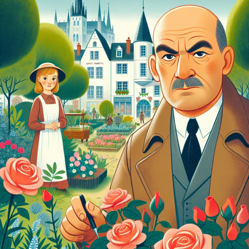 Une illustration destinée aux enfants représentant un détective à la calvitie brillante et aux yeux perçants, se trouvant face à un mystère de vol d'un bijou royal, avec l'aide d'un jardinier mystérieux, dans la ville pittoresque de Saint-Martin, entourée de jardins fleuris et de roses parfumées.