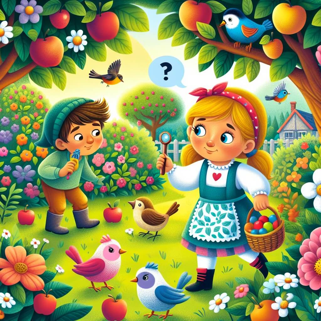Une illustration destinée aux enfants représentant une petite fille curieuse et pleine de vie, confrontée à la disparition mystérieuse de son bonbon préféré, accompagnée de son ami courageux, dans un jardin fleuri rempli d'arbres fruitiers et d'oiseaux colorés.