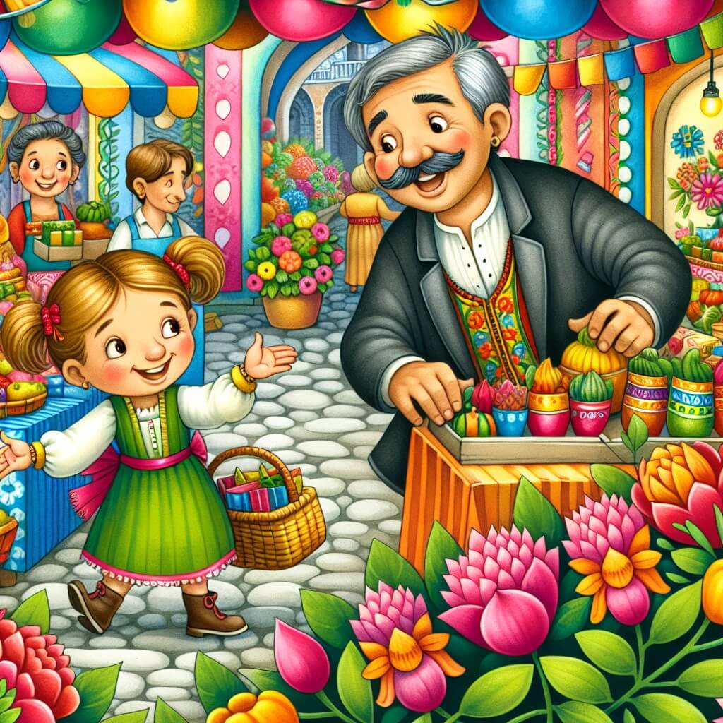 Une illustration destinée aux enfants représentant une petite fille pleine d'énergie, cherchant le cadeau parfait pour son papa, accompagnée d'un vendeur souriant, dans un marché animé rempli d'étals colorés et de plantes exotiques aux fleurs éclatantes.