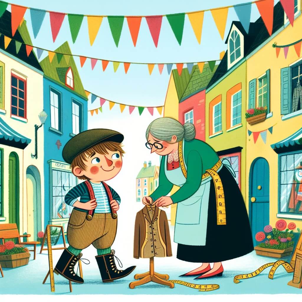 Une illustration destinée aux enfants représentant un petit garçon plein de curiosité et d'imagination, se préparant pour le carnaval dans un village coloré et joyeux, avec des rues décorées de guirlandes colorées et de ballons joyeux, et peut-être accompagné d'une couturière célèbre qui l'aide à trouver le costume parfait.