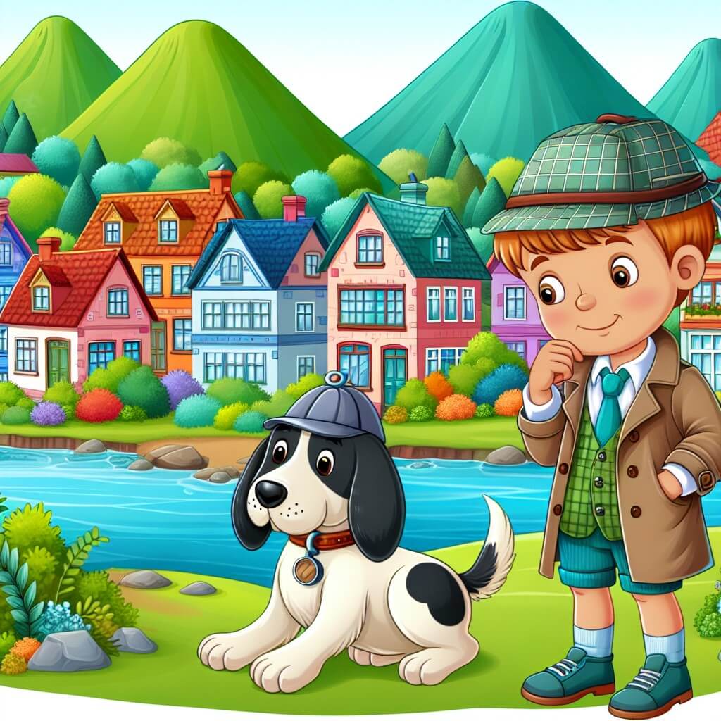 Une illustration destinée aux enfants représentant un petit garçon curieux et malicieux, accompagné d'un fidèle chien détective, enquêtant dans un village pittoresque aux maisons colorées, entouré de collines verdoyantes et d'une rivière scintillante.