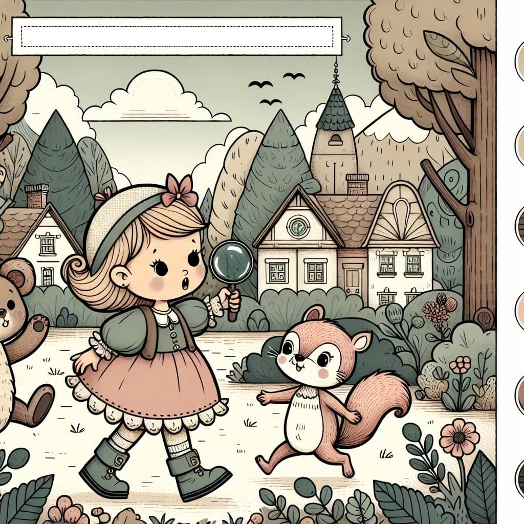 Une illustration destinée aux enfants représentant une petite fille aventurière, cherchant son précieux doudou disparu, accompagnée d'un petit écureuil malicieux, se déroulant dans une charmante petite ville entourée d'une forêt mystérieuse.