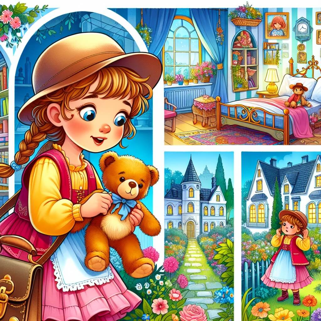 Une illustration destinée aux enfants représentant une petite fille curieuse et aventurière, confrontée à la disparition de son jouet préféré, accompagnée de son nounours en peluche, dans une maison colorée aux multiples pièces et un jardin fleuri.
