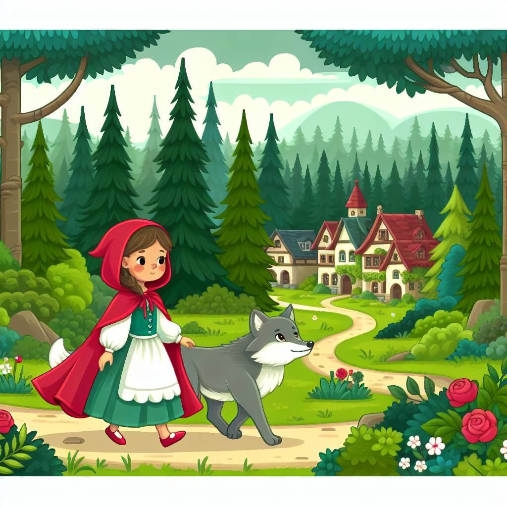 Une illustration destinée aux enfants représentant une jeune fille au doux visage, vêtue d'une cape rouge éclatante, qui se promène dans une forêt enchantée, accompagnée d'un loup majestueux, dans un petit village paisible niché au creux des arbres verdoyants.