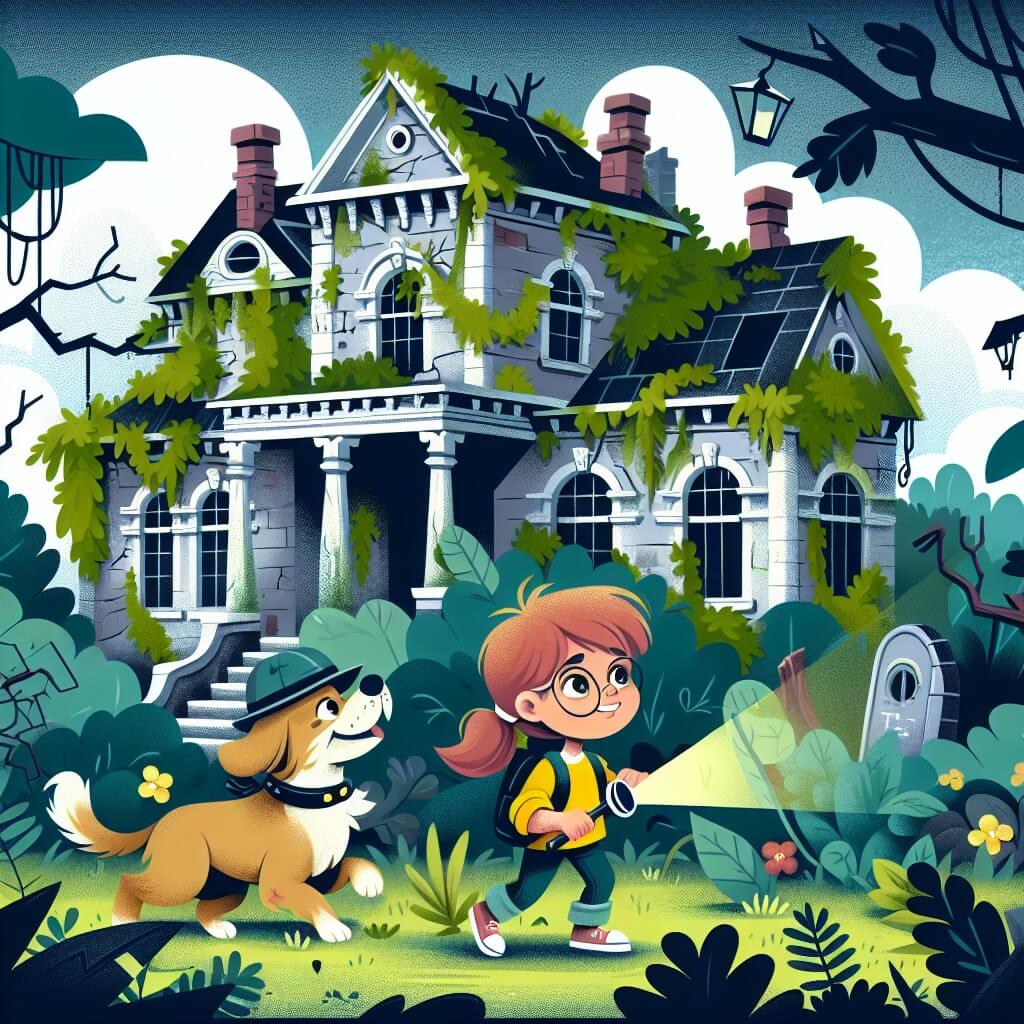 Une illustration destinée aux enfants représentant une petite fille curieuse et astucieuse, accompagnée de son fidèle chien, explorant un manoir abandonné envahi par la végétation, à la recherche d'un trésor caché et résolvant un mystère sombre.