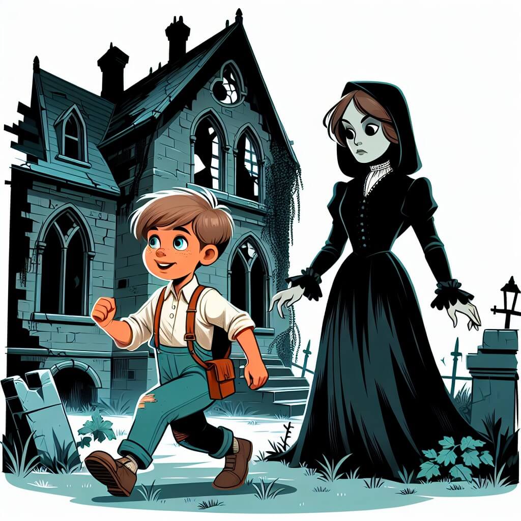 Une illustration destinée aux enfants représentant un petit garçon courageux, explorant un mystérieux manoir hanté, accompagné d'une étrange dame vêtue de noir, dans un décor sombre et sinistre avec des fenêtres brisées et des murs recouverts de lierre.