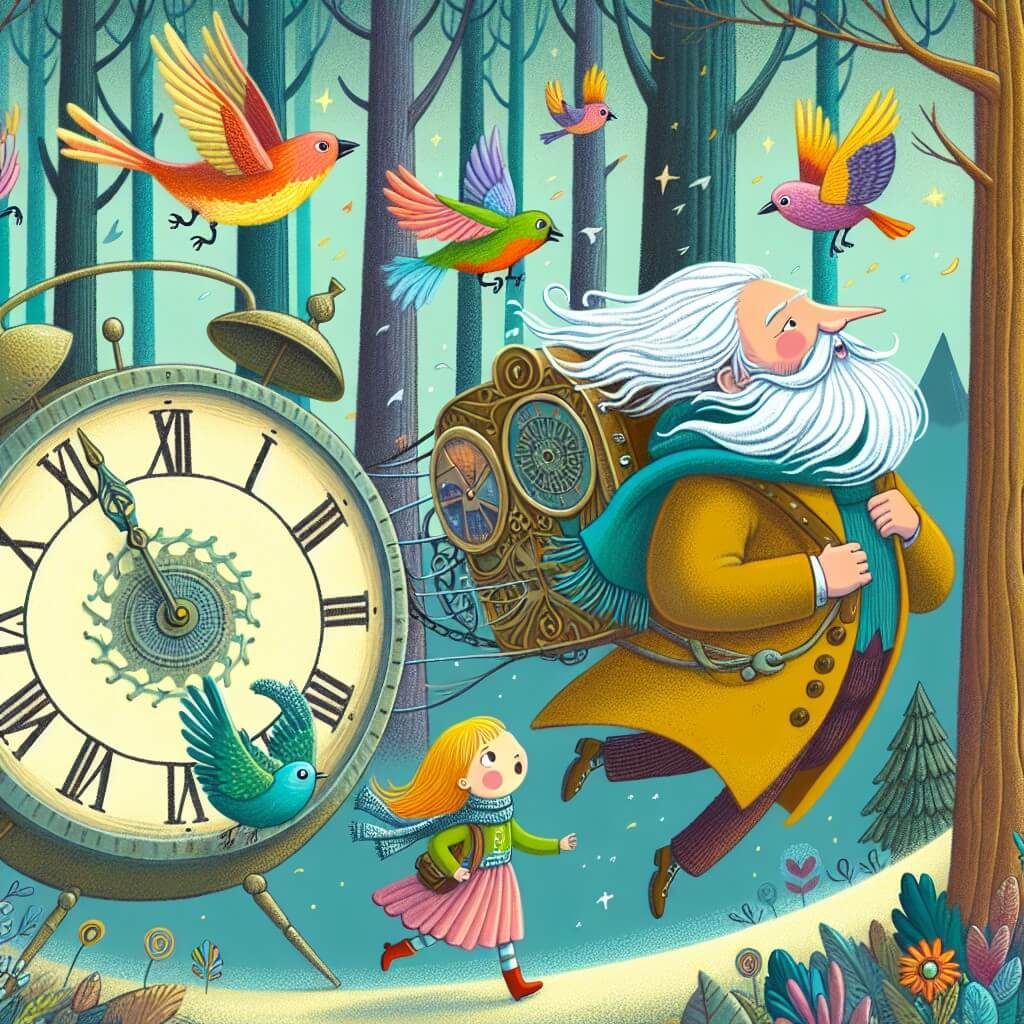 Une illustration destinée aux enfants représentant une petite fille curieuse, transportée dans une machine volante ressemblant à une grande horloge, accompagnée du mystérieux gardien du temps, dans une forêt enchantée où les arbres sont majestueux et les oiseaux multicolores chantent gaiement.