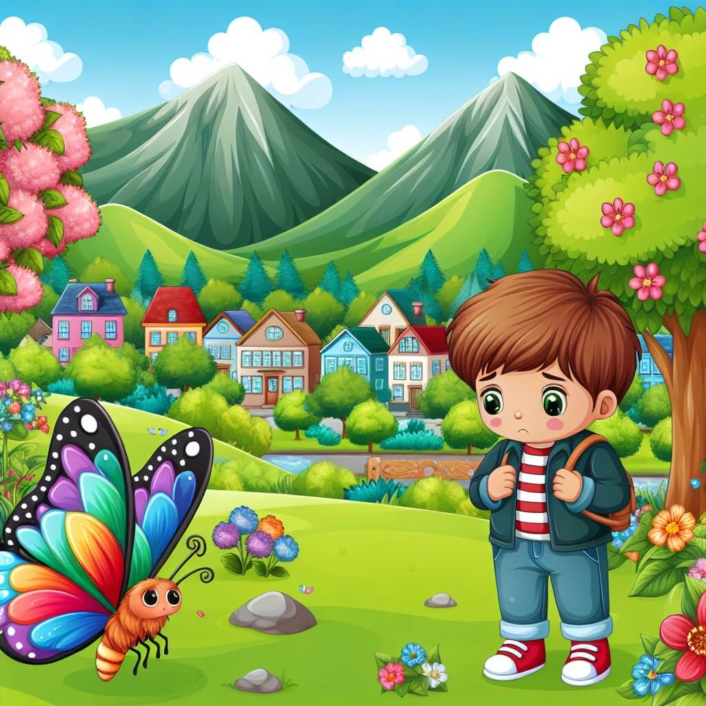 Une illustration destinée aux enfants représentant un petit garçon se tenant tristement devant un parc en fleurs, accompagné d'un magnifique papillon multicolore, dans une petite ville paisible entourée de montagnes verdoyantes.