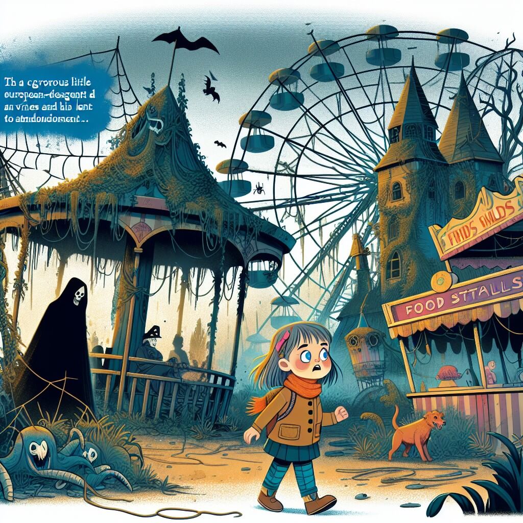 Une illustration destinée aux enfants représentant une petite fille courageuse explorant un parc d'attraction abandonné hanté par des esprits malveillants, accompagnée d'un mystérieux gardien, dans un lieu où les manèges sont recouverts de lianes et de toiles d'araignées, et les stands de nourriture laissés à l'abandon.