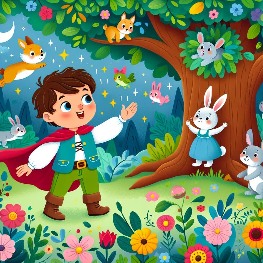Une illustration destinée aux enfants représentant un petit garçon intrépide et curieux, qui découvre un arbre magique dans une forêt enchantée, accompagné d'un lapin parlant, entourés de fleurs multicolores et d'animaux joyeux.