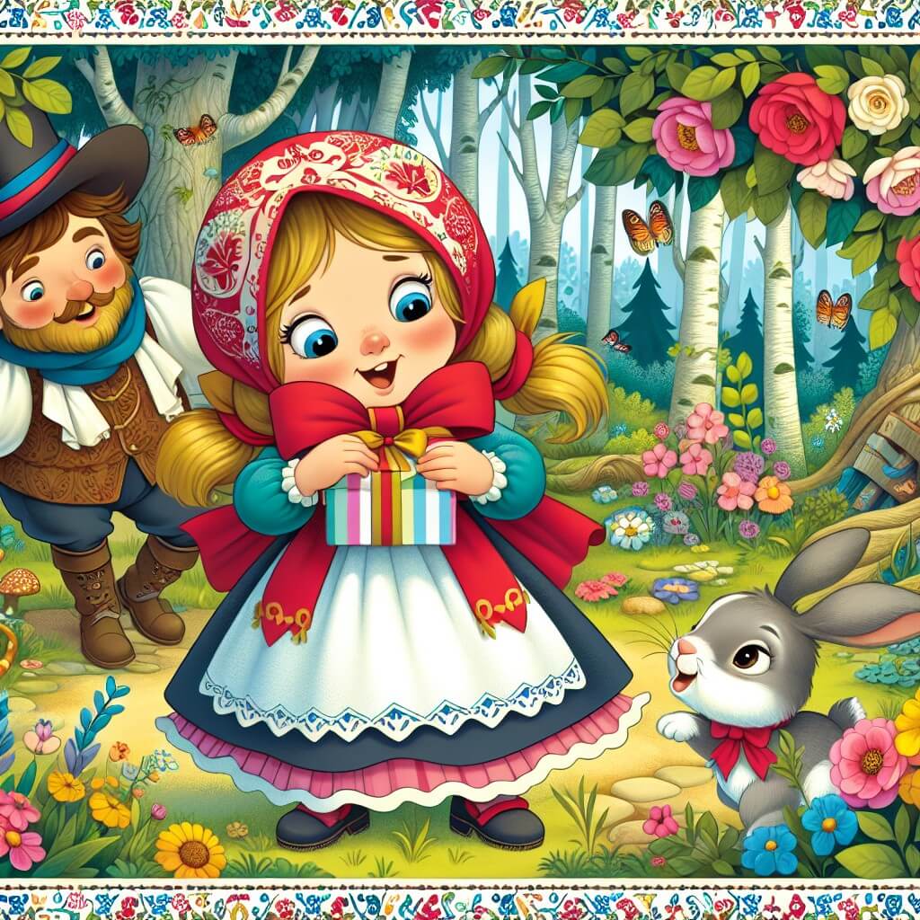 Une illustration destinée aux enfants représentant une petite fille espiègle, préparant une surprise pour son papa, accompagnée d'un adorable lapin, dans une forêt enchantée remplie de fleurs colorées et d'animaux joyeux.