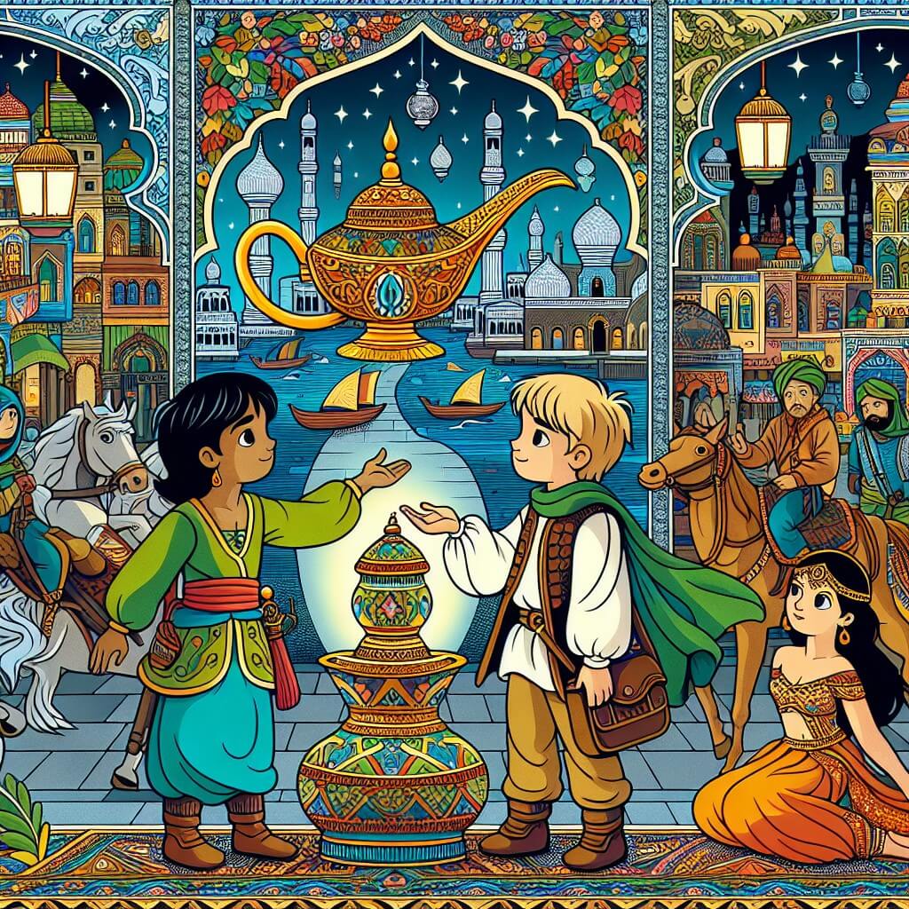 Une illustration destinée aux enfants représentant un jeune vagabond au cœur noble, se retrouvant en possession d'une lampe magique, accompagné d'une princesse rebelle, dans une ville colorée et animée aux allures orientales.