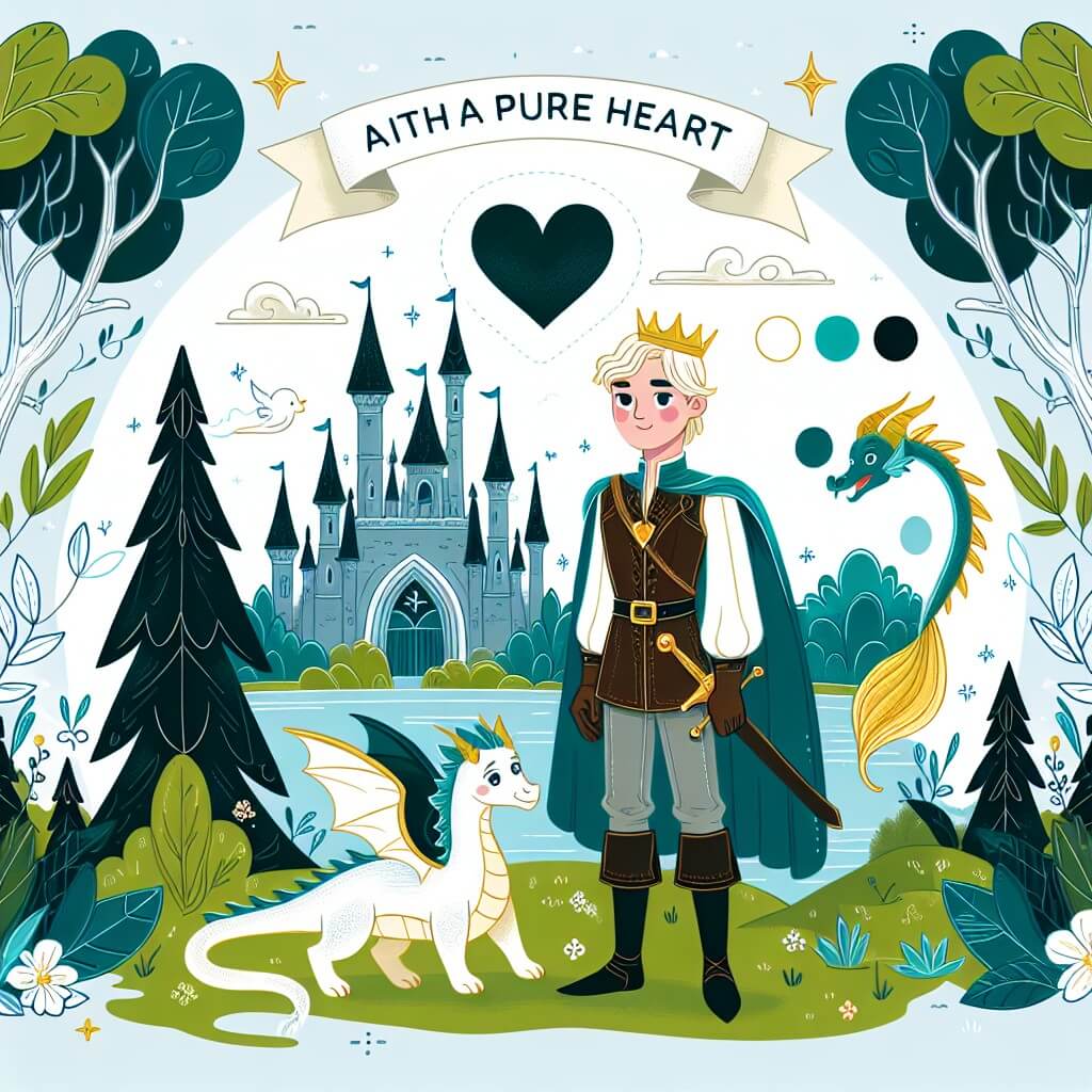 Une illustration destinée aux enfants représentant un prince courageux, au cœur pur, se tenant debout devant une forêt enchantée luxuriante, accompagné de son fidèle dragon miniature, prêt à affronter les épreuves pour sauver la magie du royaume d'Émeraldia.