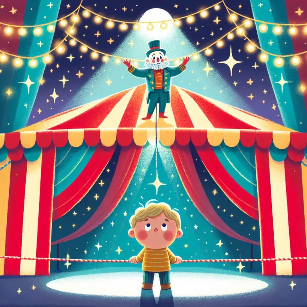 Une illustration destinée aux enfants représentant un petit garçon émerveillé assistant à un spectacle de cirque, accompagné d'un funambule bienveillant, sous un grand chapiteau coloré aux lumières scintillantes.